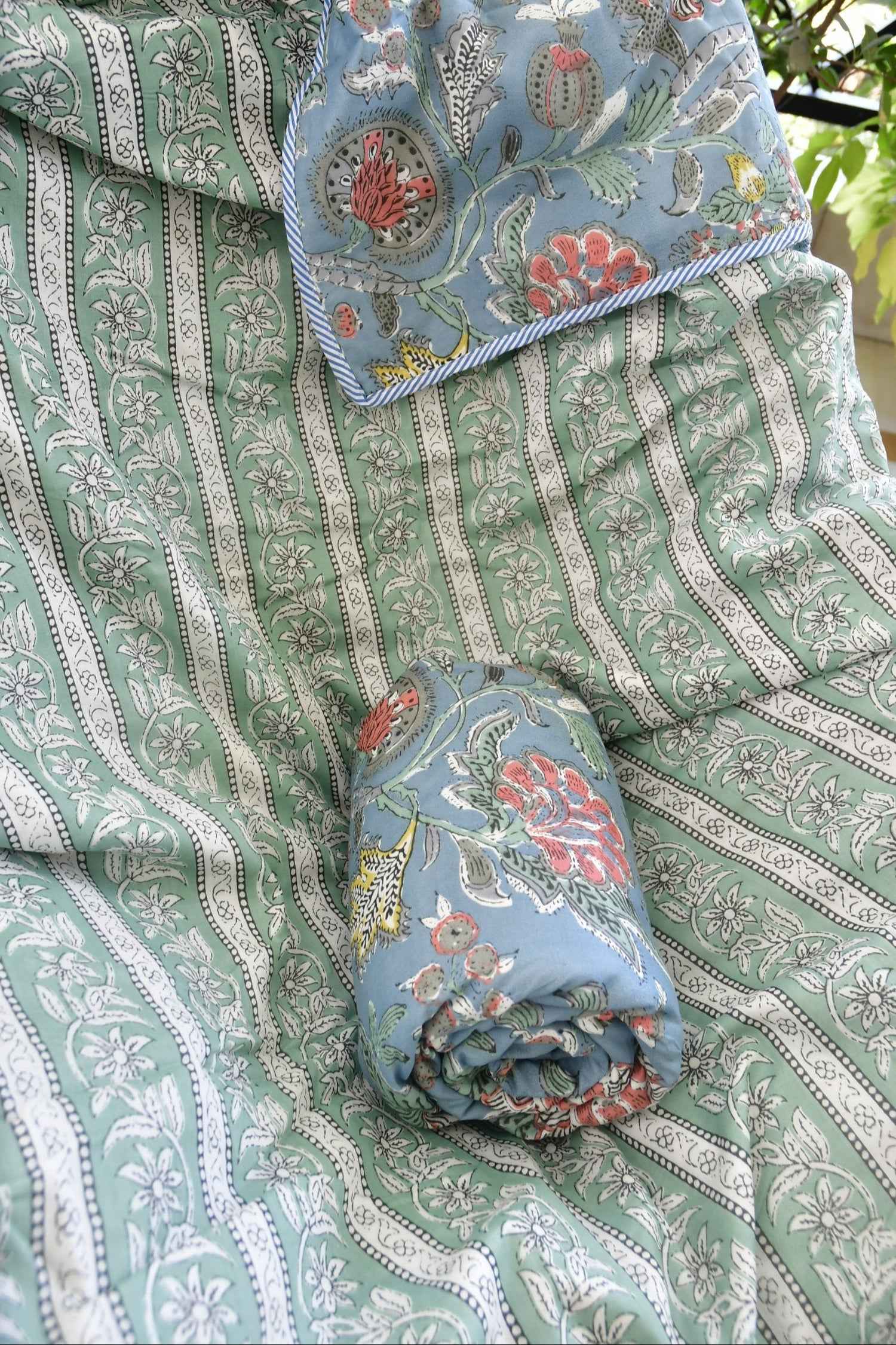 Teal Blue Floral Print Dohar ( set of 2) : Light Comfort