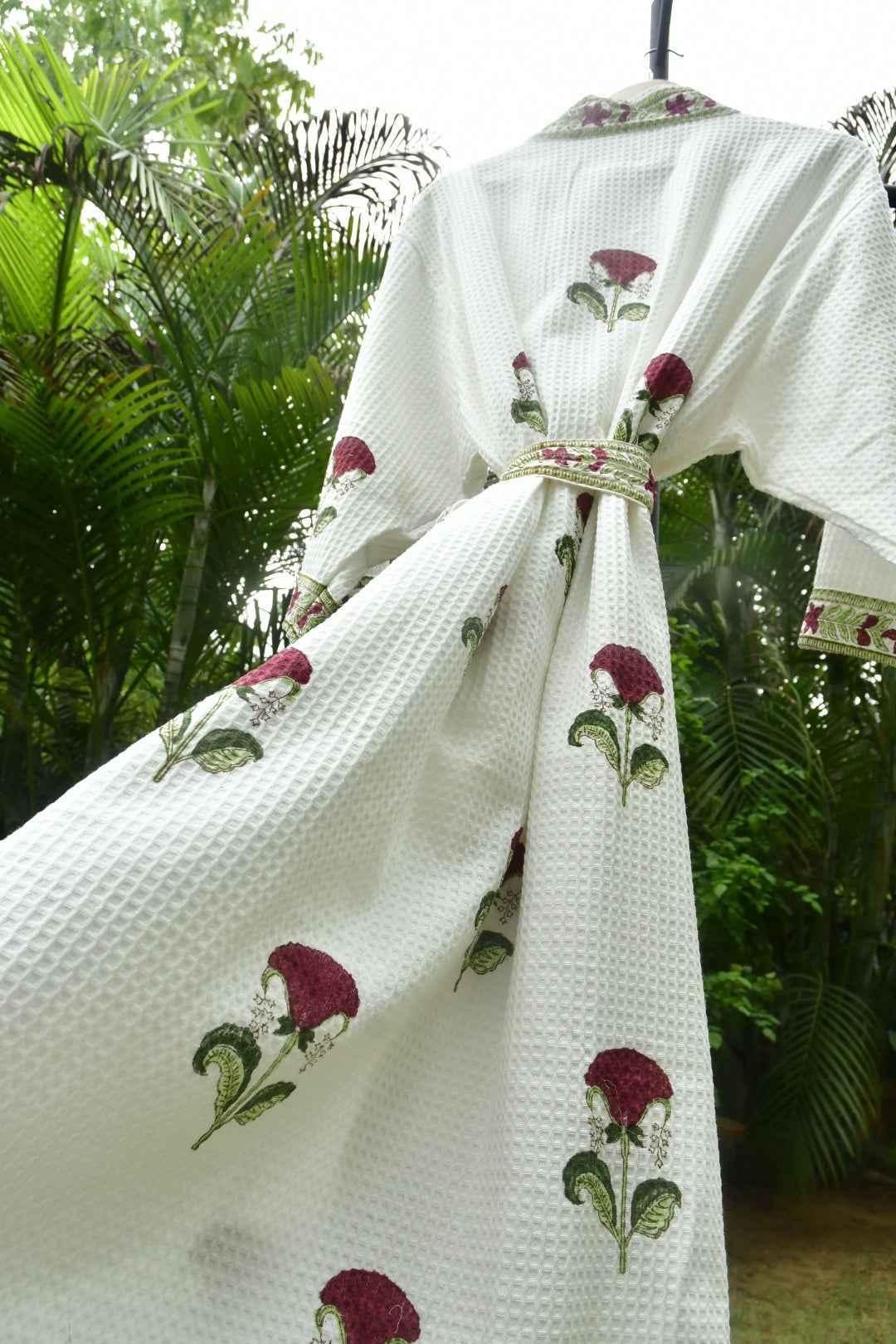 Red Hibiscus Handblock  waffle Cotton Bathrobe
