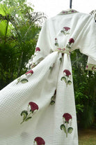 Red Hibiscus Handblock  waffle Cotton Bathrobe