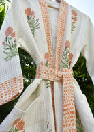 Peach Floral Handblock  Waffle Cotton Bathrobe