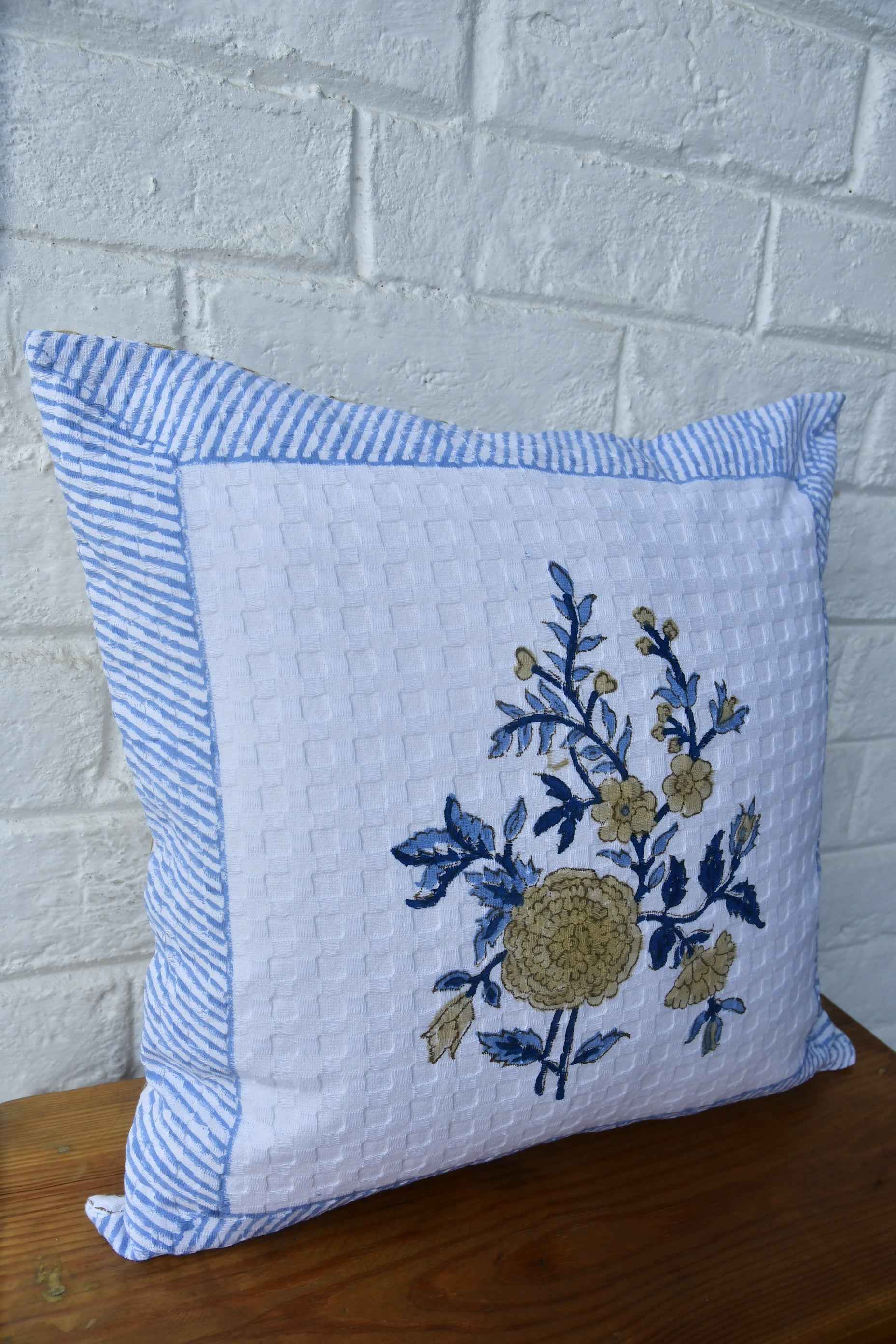 Royal blue with marigold waffle cotton cushion cover