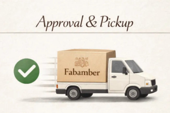 Van with Fabamber box and text about approval and pickup process on a light background