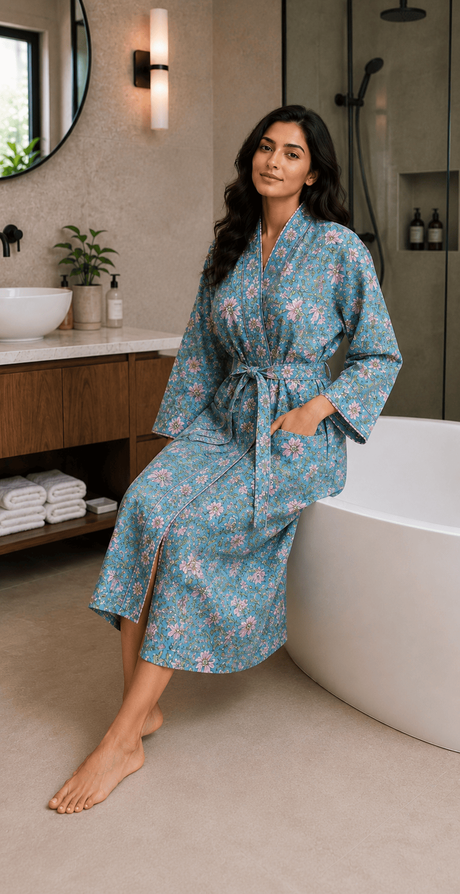 Aqua Blue Pink Floral Hand Block Print Waffle Cotton Bathrobe for Women by FabAmber