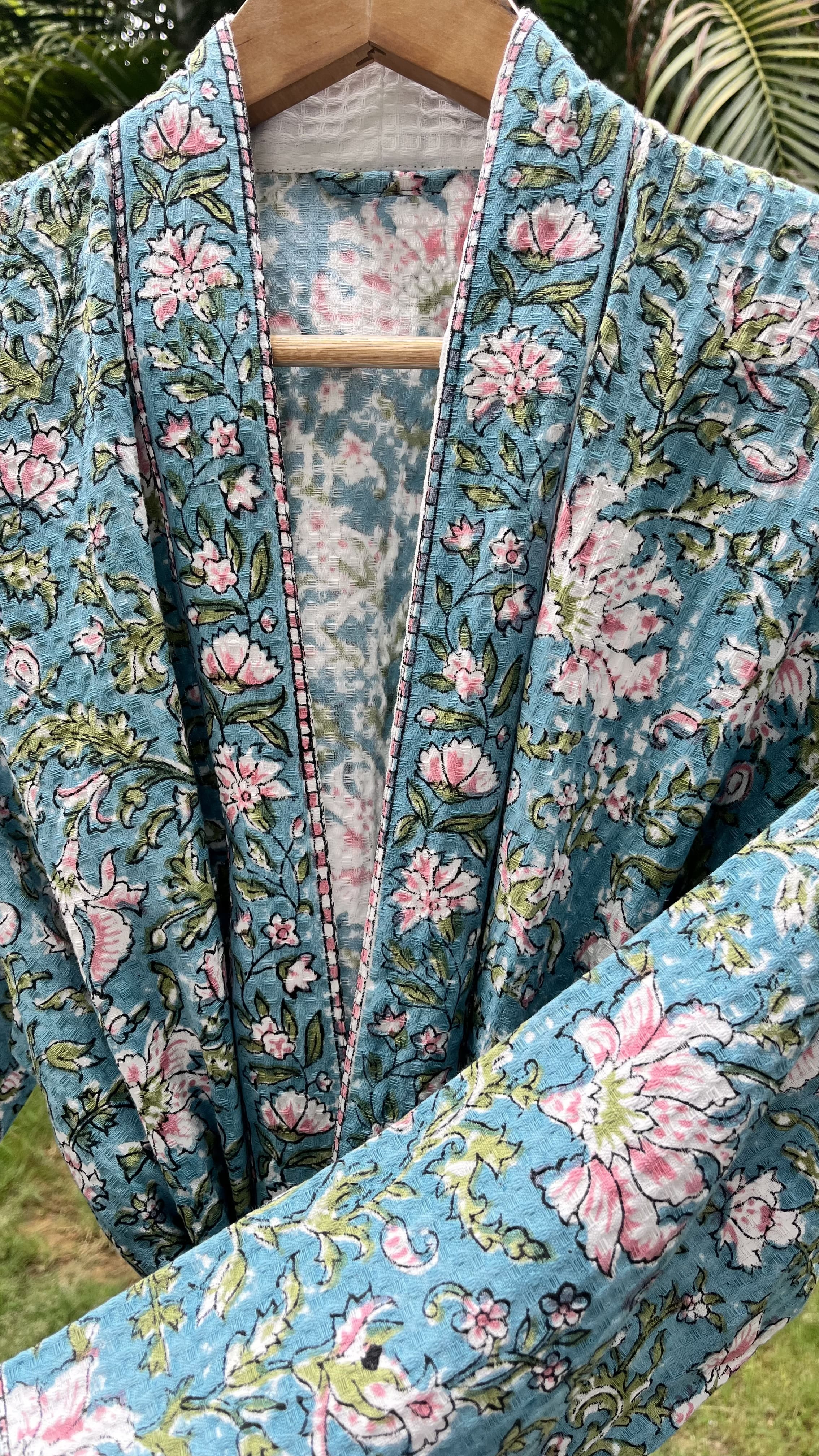 Aqua Blue Pink Floral Hand Block Print Waffle Cotton Bathrobe for Women by FabAmber