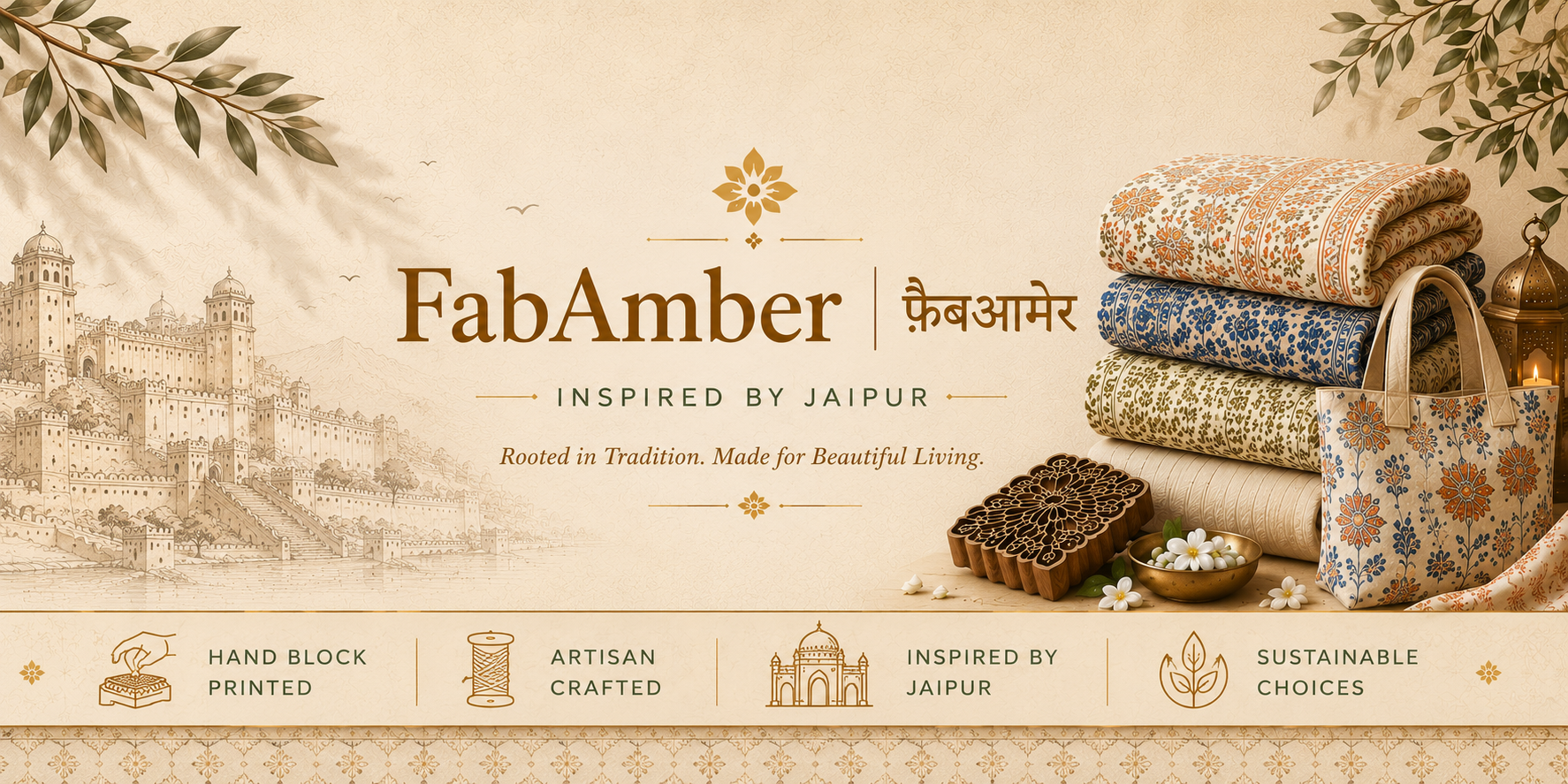 FabAmber branding with textiles and traditional elements on a beige background
