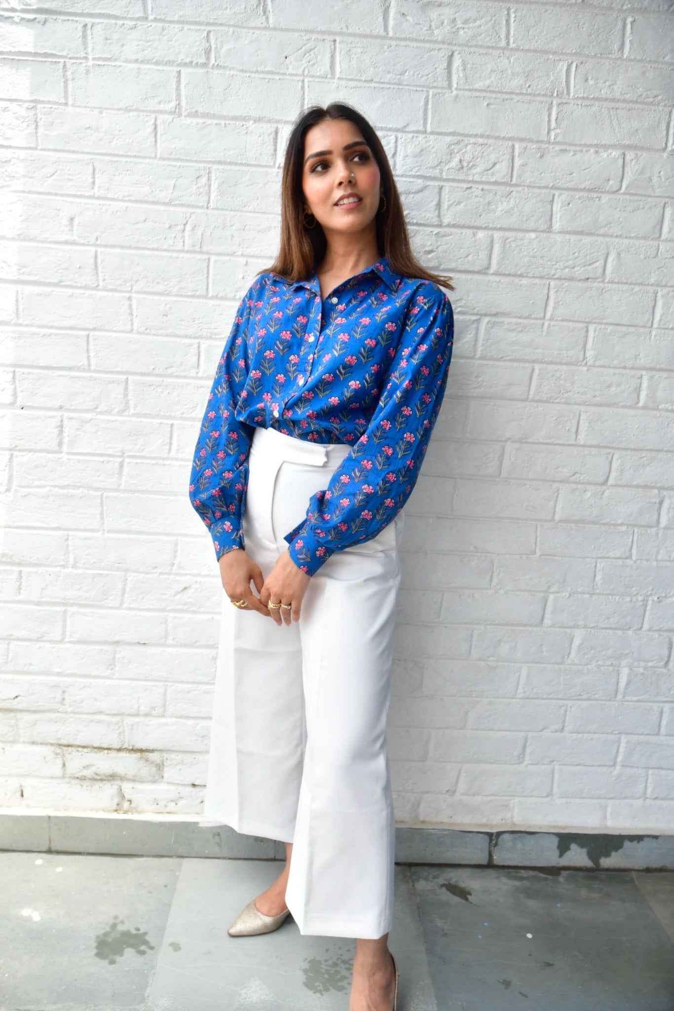 Pink Buti On Water Blue Cotton Shirt