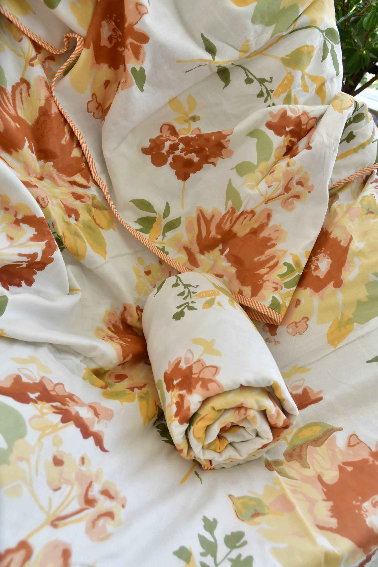 Rust and Yellow Floral Print Dohar | Hand-Blocked