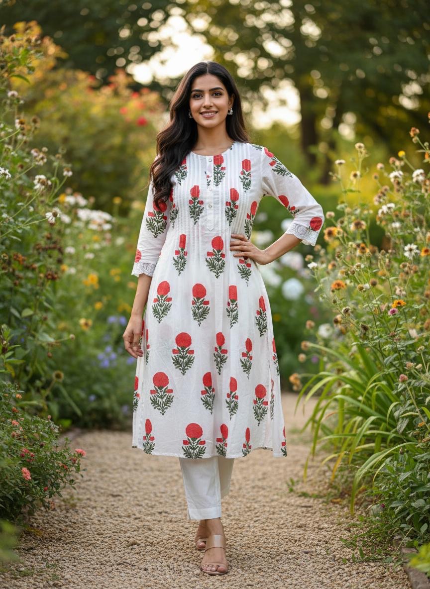 Red And white kurta set
