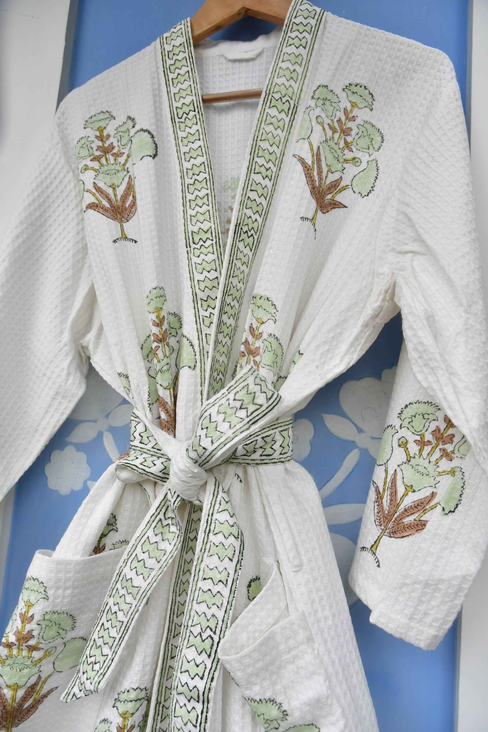 Pista Green Floral waffle cotton Bathrobe