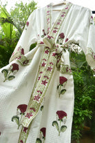 Red Hibiscus Handblock  waffle Cotton Bathrobe