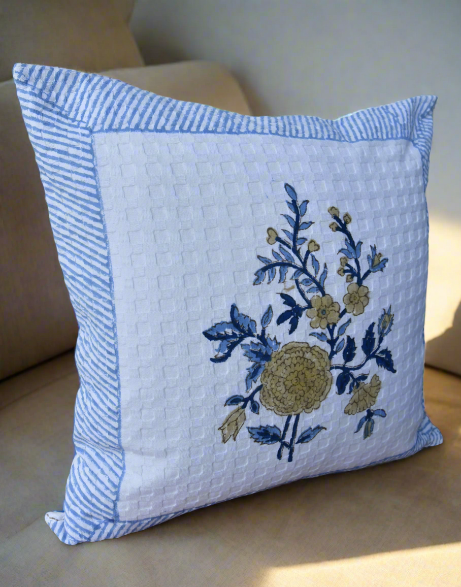 Royal blue with marigold waffle cotton cushion cover