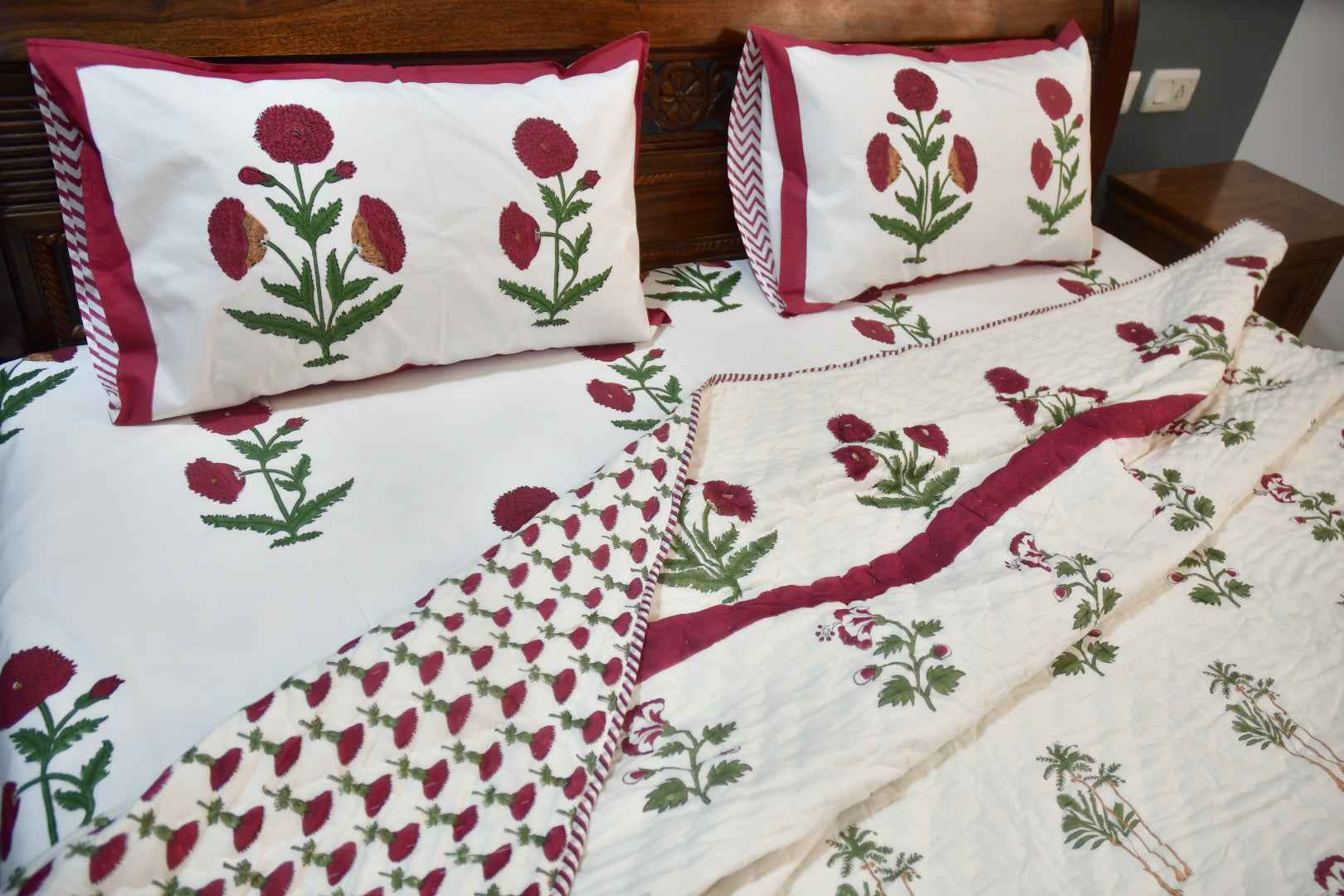 Classic Red Poppy Handblock Cotton Bedding Set
