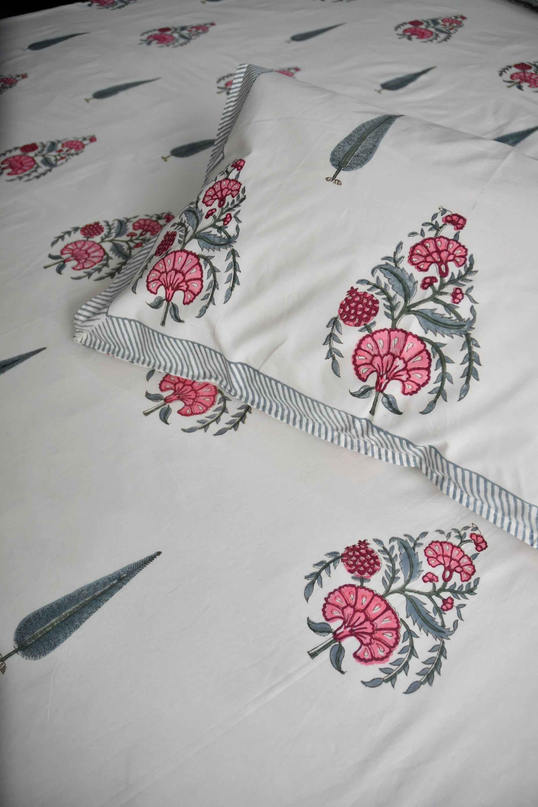 Coral flowers Handblock Bedsheet : Premium cotton