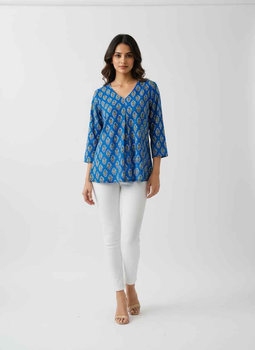 Peacock Blue Handblock Modal Cotton Women’s Shirt – Stylish Daily Wear Top