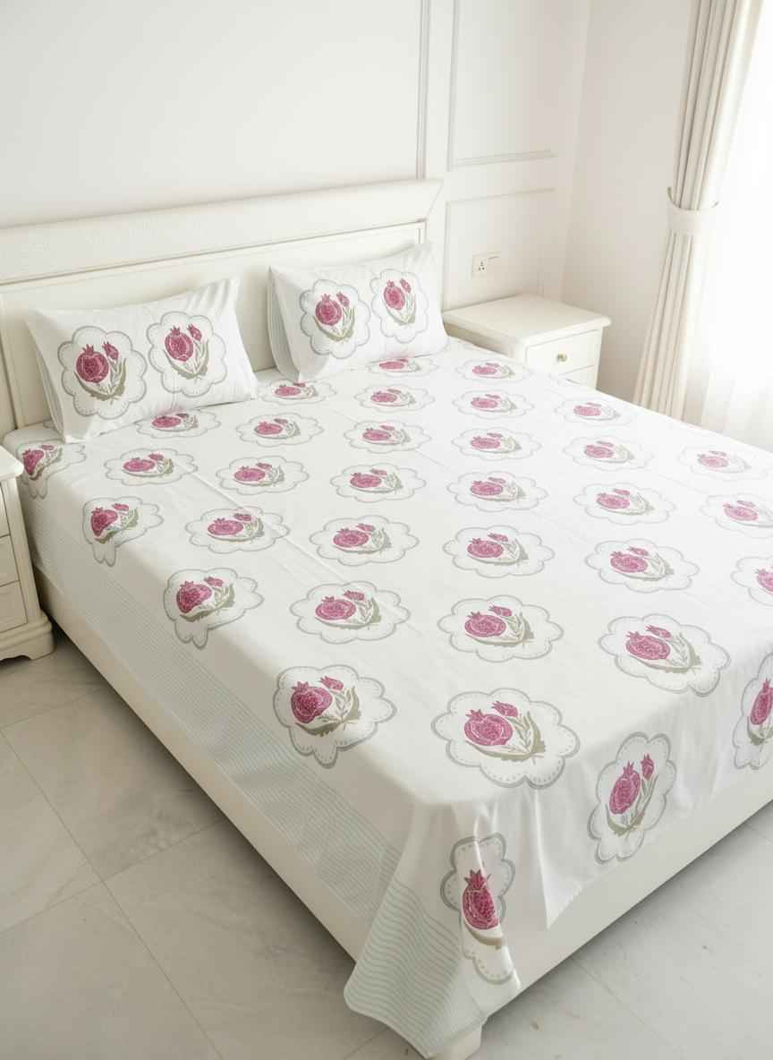 Pink Pomegranate Cotton Handblock Bedsheet