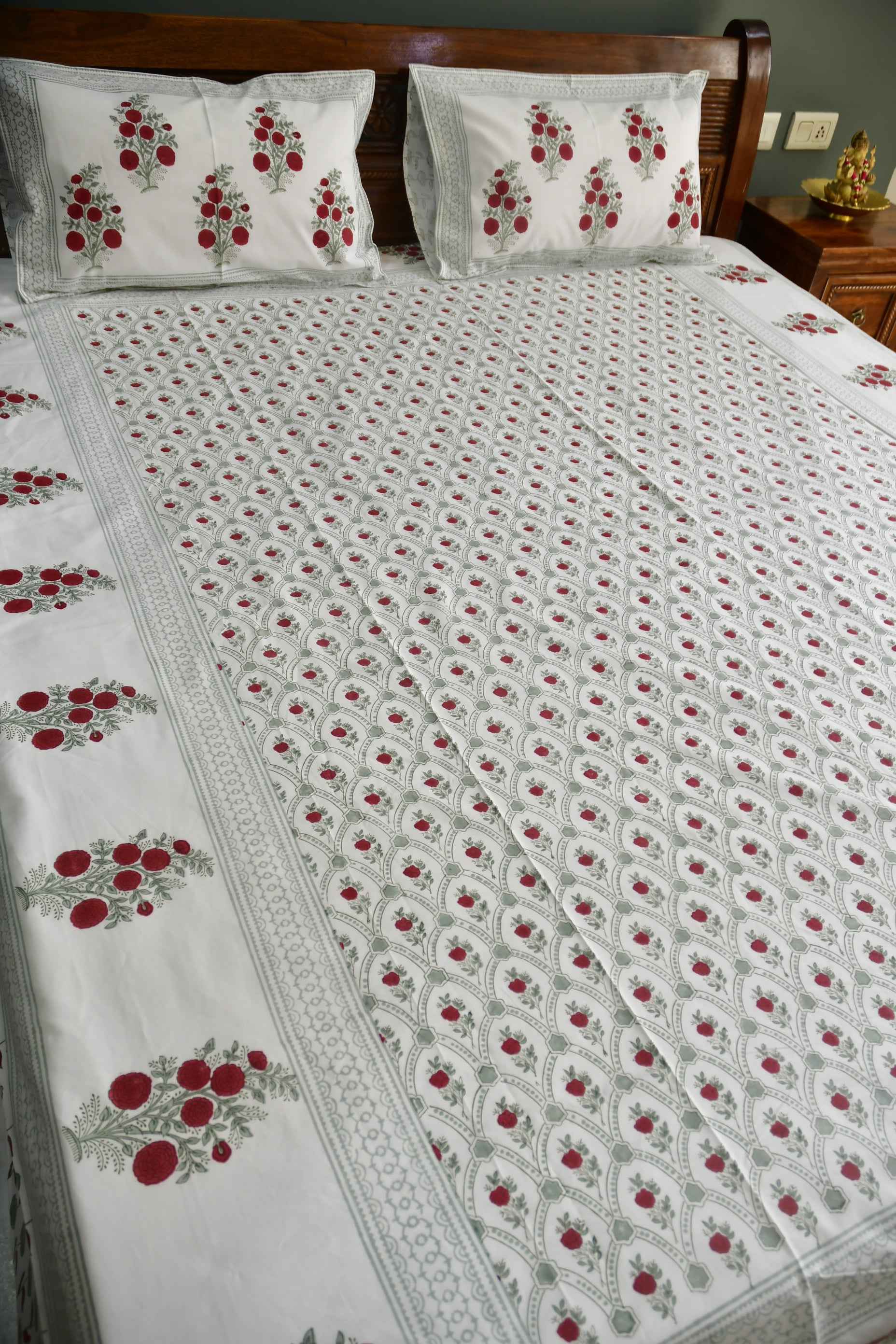 Red Flower Jaal Buta Premium Hand Block Bedsheet