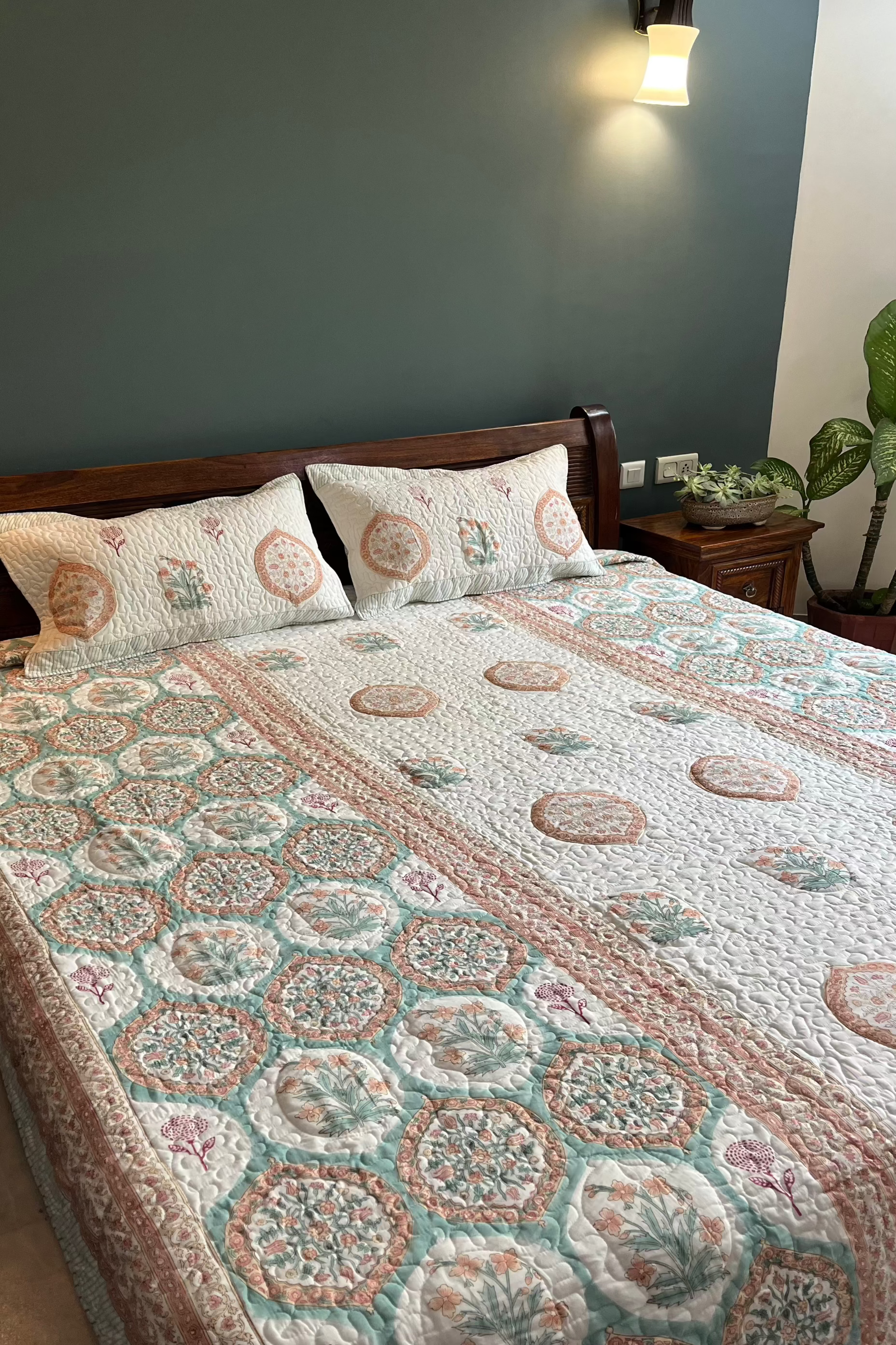 Peach & Green Floral Cotton Handblock Bedcover