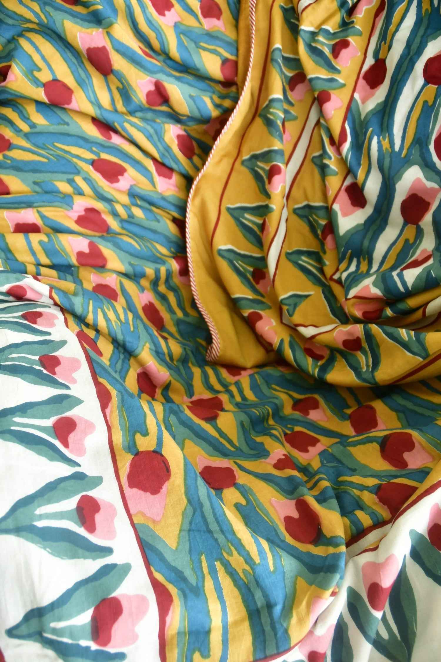 Tulip Love Mustard Yellow and Pink Premium HandBlock Dohar