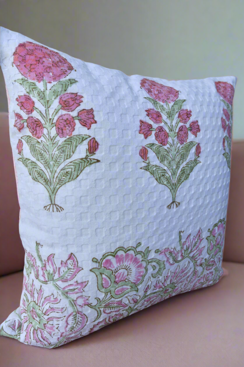 Coral Pink Waffle Cushion Cover: Hand Block Comfort