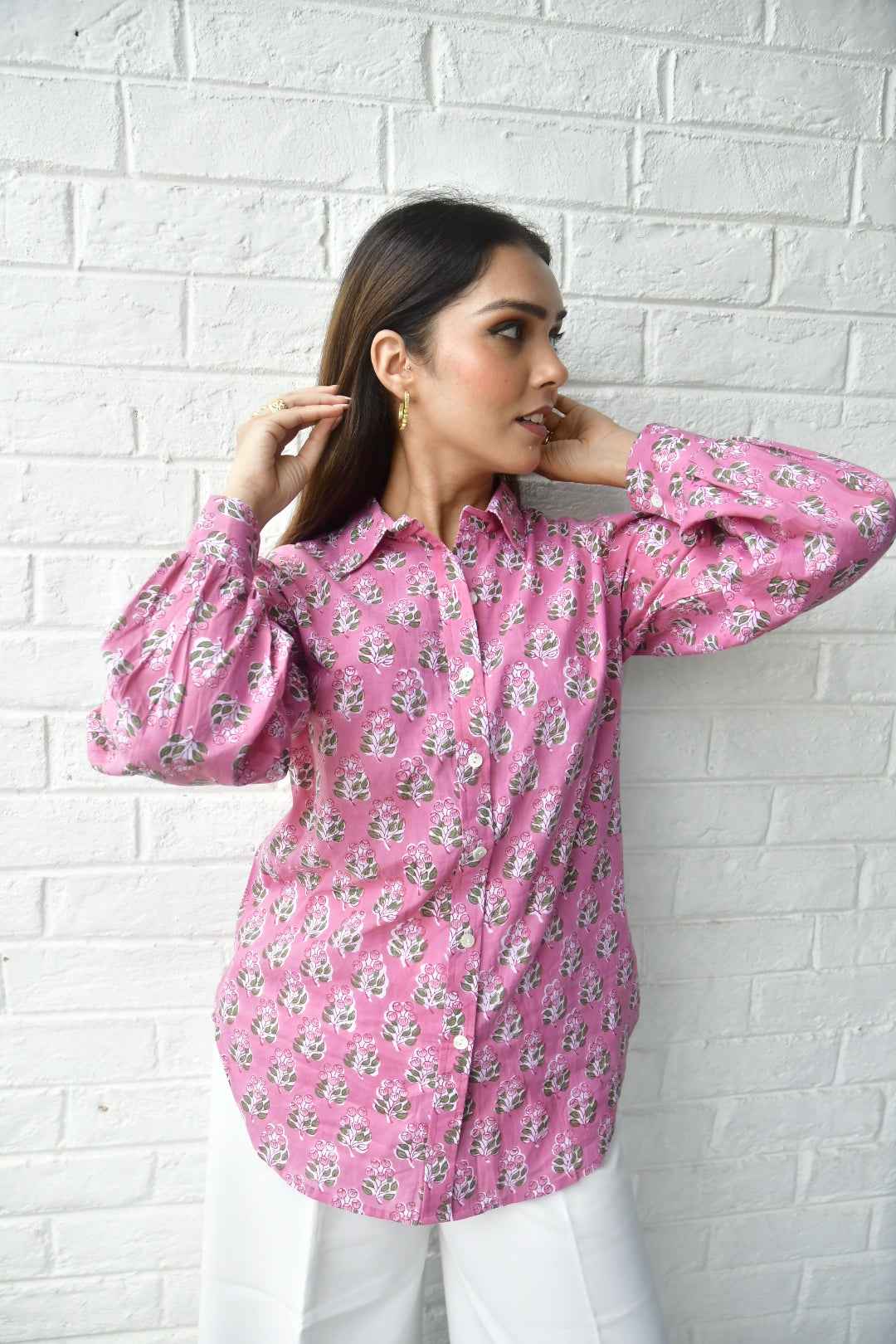 Tulip Pink Floral Buta Cotton Shirt