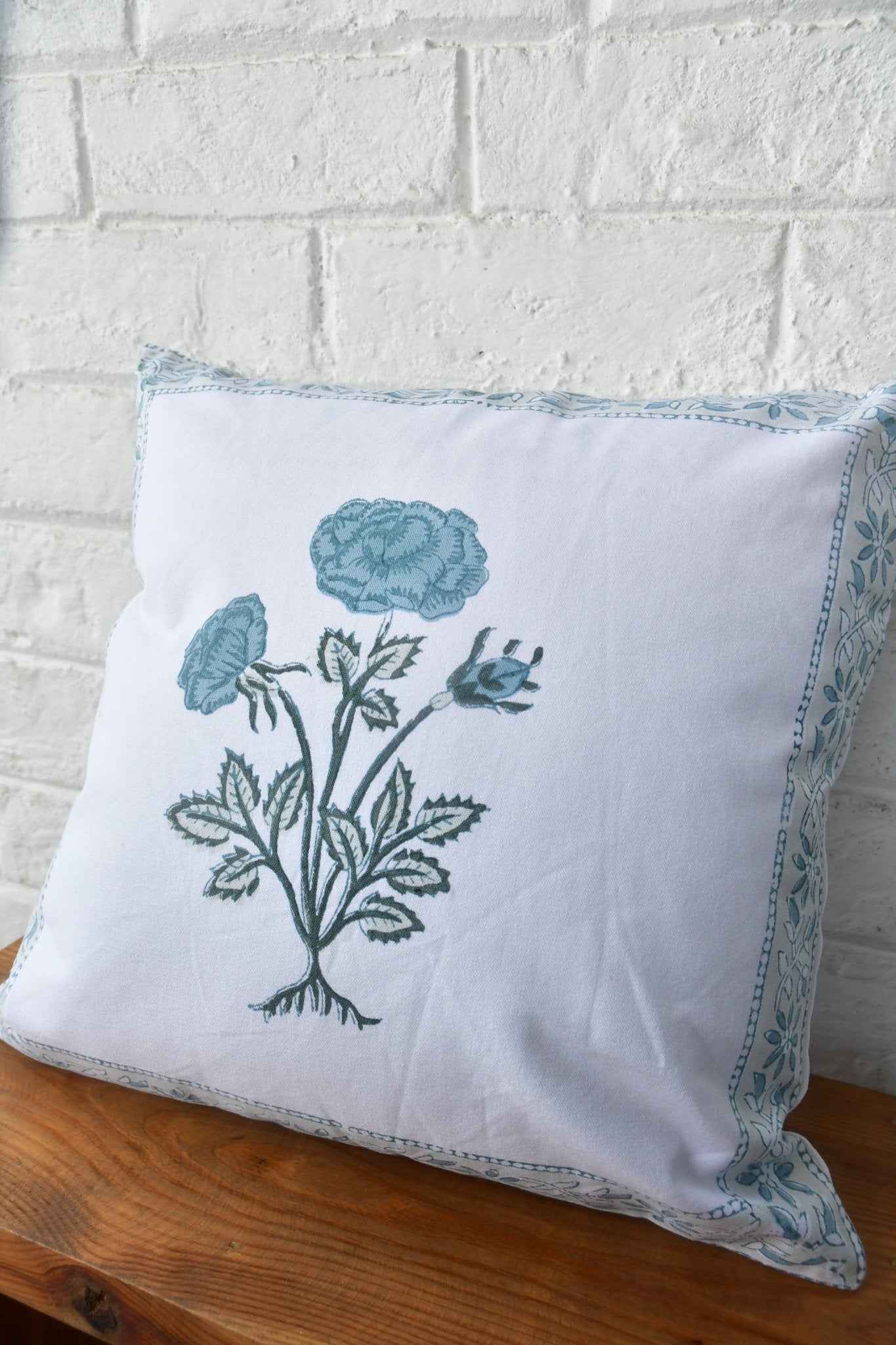 Blue Rose HandBlock Cotton Cushion Cover