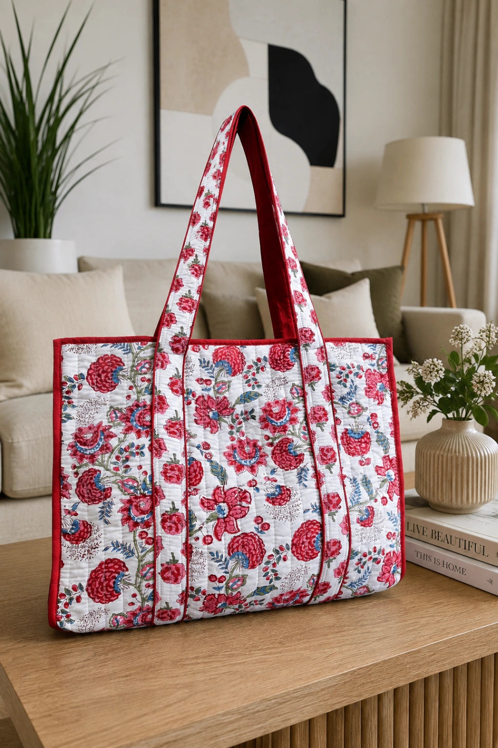 A large quilted tote bag with a red and white floral pattern sits on a wooden table in a cozy living room setting.