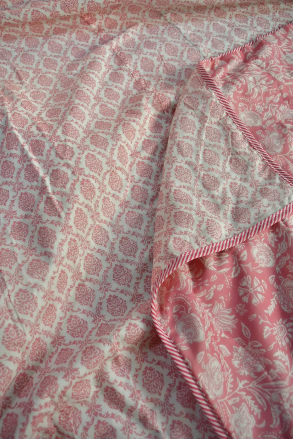 Close-up of pink and white patterned Dohar Jaipuri