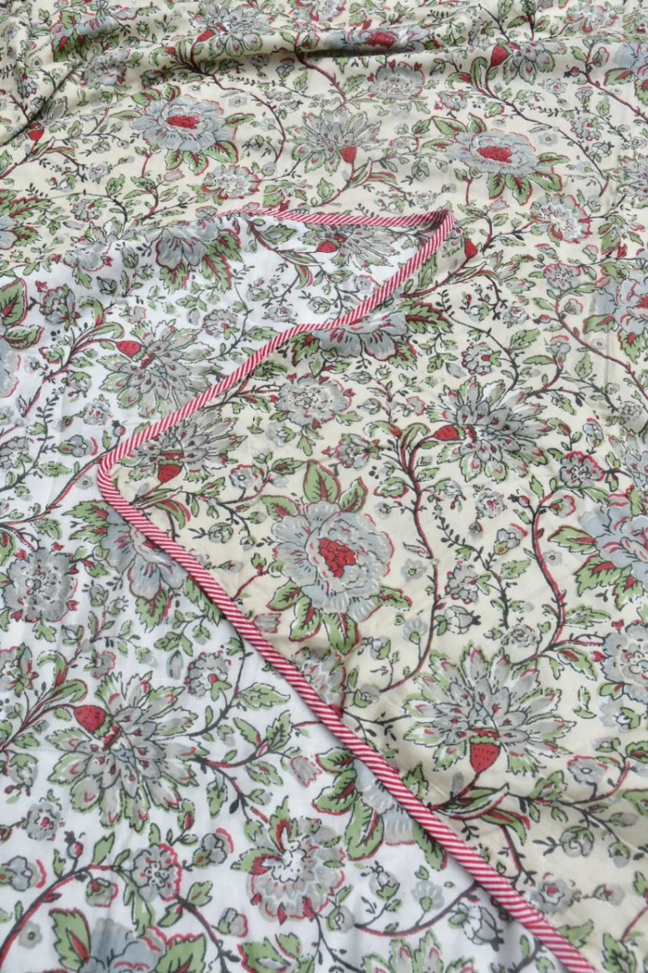 Floral Dohar with red and green patterns on a white background