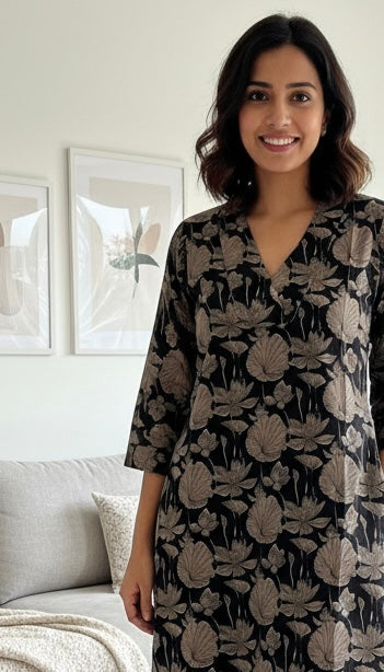 Woman wearing a black floral dress in a living room setting