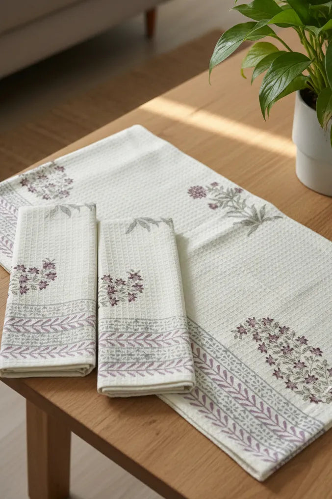 Set of embroidered towels on a wooden table with a plant in the background