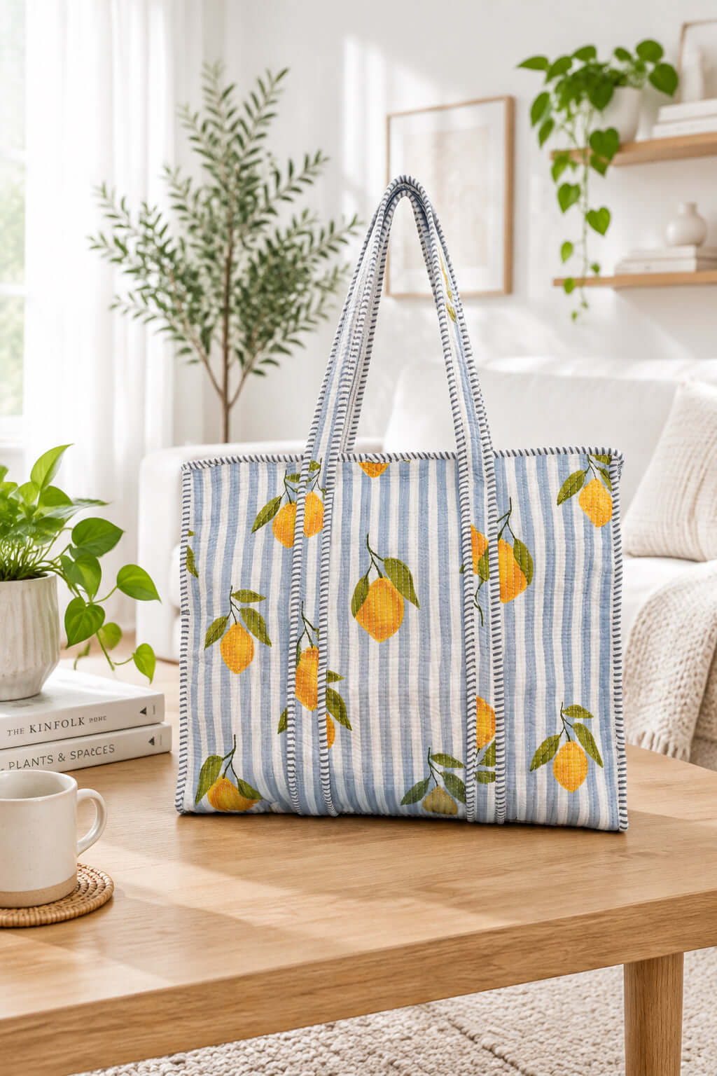 A striped tote bag with a yellow lemon print sits on a wooden table in a bright, modern living room setting.