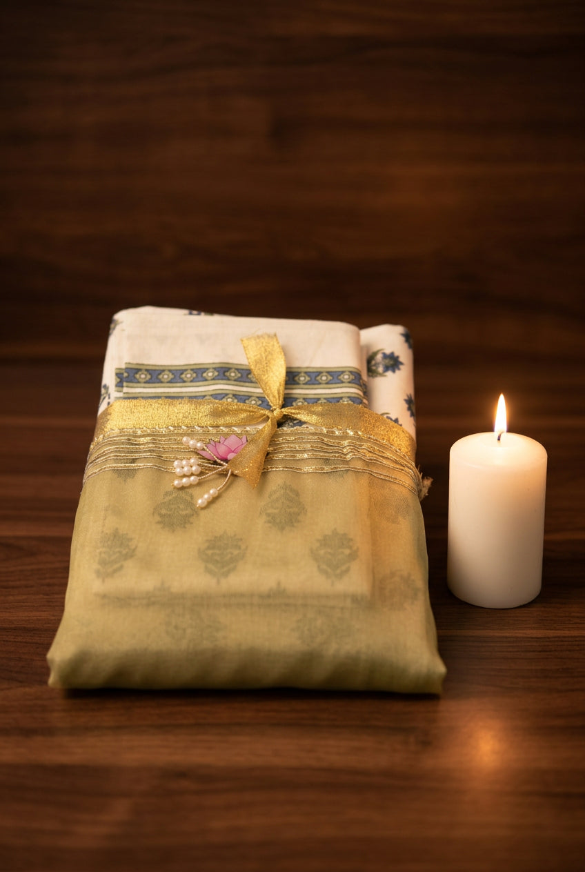 A folded traditional Indian outfit, likely a salwar suit, featuring a light yellow-gold sheer fabric with subtle green floral motifs, a white kurta with blue and green border prints, and a decorative gold wire frame accessory tied with a gold ribbon.
