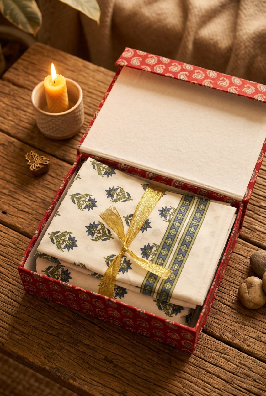 A folded white fabric textile with blue and green floral block-print style motifs and a blue striped border, tied with a gold ribbon, presented in an open red patterned gift box on a rustic wooden table with a lit candle nearby.