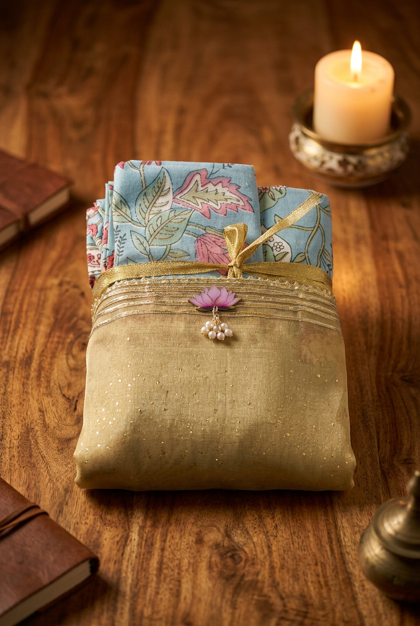 A folded textile product, likely a scarf, shawl, or fabric bundle, displayed on a rustic wooden table. The top layer is light blue with a pink and green floral print, and the bottom layer is a shimmering beige-gold fabric tied with a gold ribbon and decorated with a small purple flower charm.