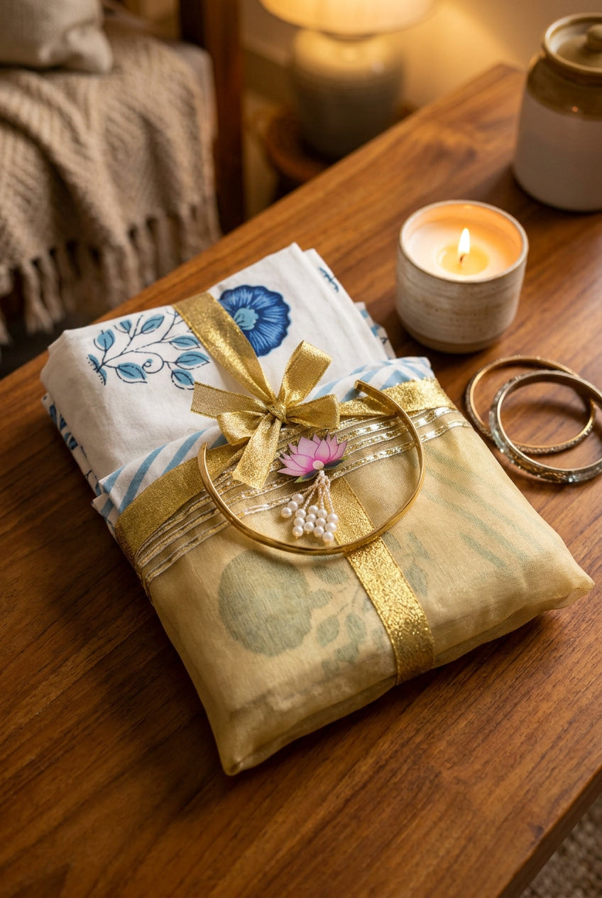 A folded yellow silk saree with a gold border and a pink lotus flower embellishment, tied with a gold ribbon and wrapped in a white cloth with blue floral patterns, displayed on a dark wooden surface.