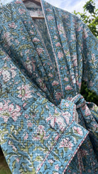 Aqua Blue Pink Floral Hand Block Print Waffle Cotton Bathrobe for Women by FabAmber