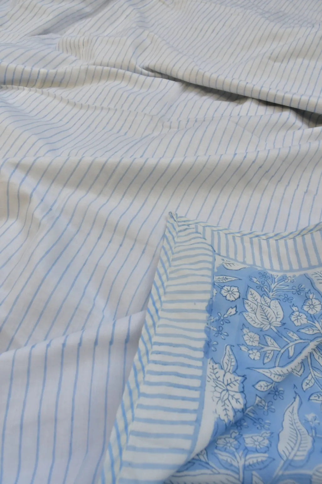 Close-up of fabric with blue and white patterns