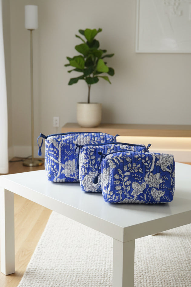 Blue and white patterned bag on a chair