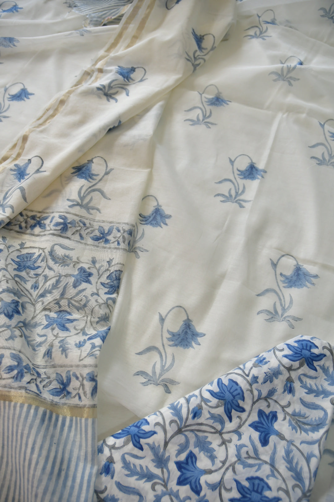 Floral patterned fabric with blue and beige colors on a plain background