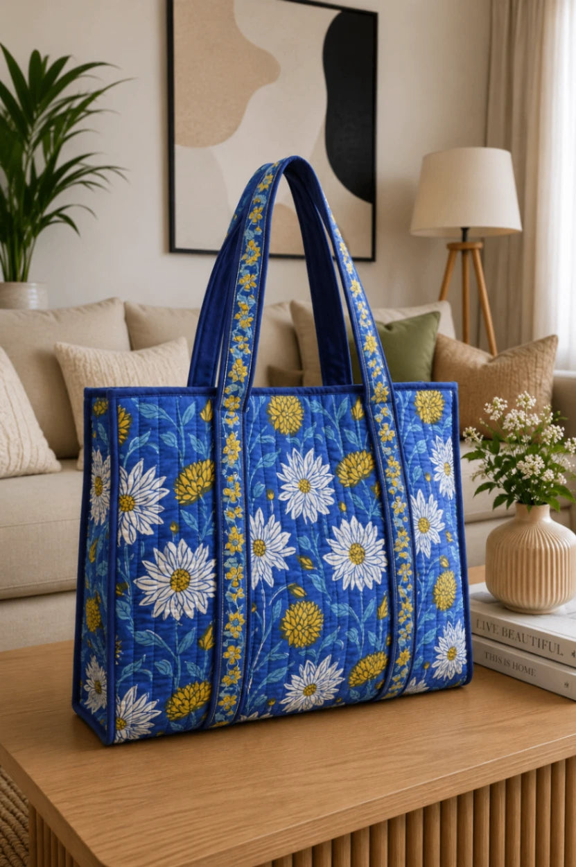 A blue quilted tote bag with a white daisy and yellow flower pattern sits on a wooden table in a cozy living room setting.