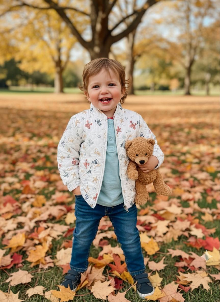 Child holding a teddy bear in an autumn park with fallen leaves and trees.