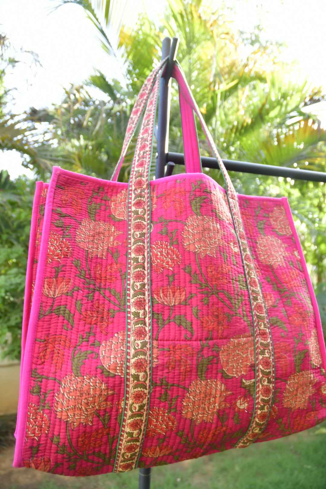 Premium Royal Pink Floral Tote Bag: Hand-Blocked Beauty