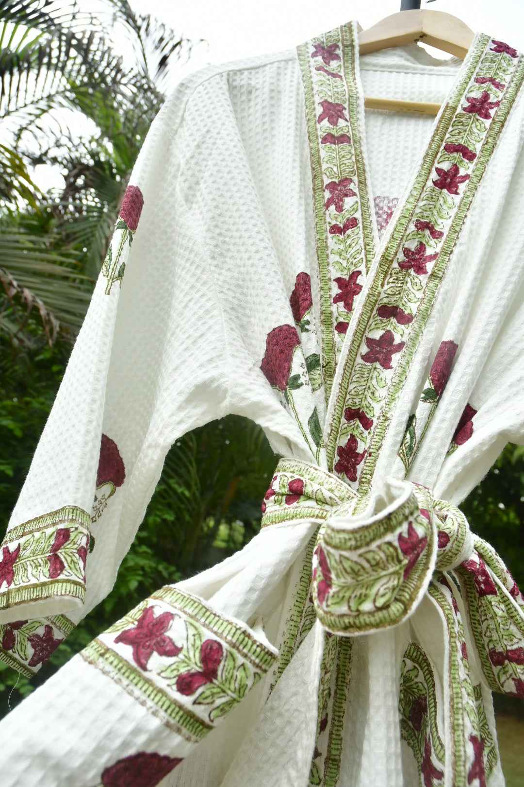 Red Hibiscus Handblock  waffle Cotton Bathrobe