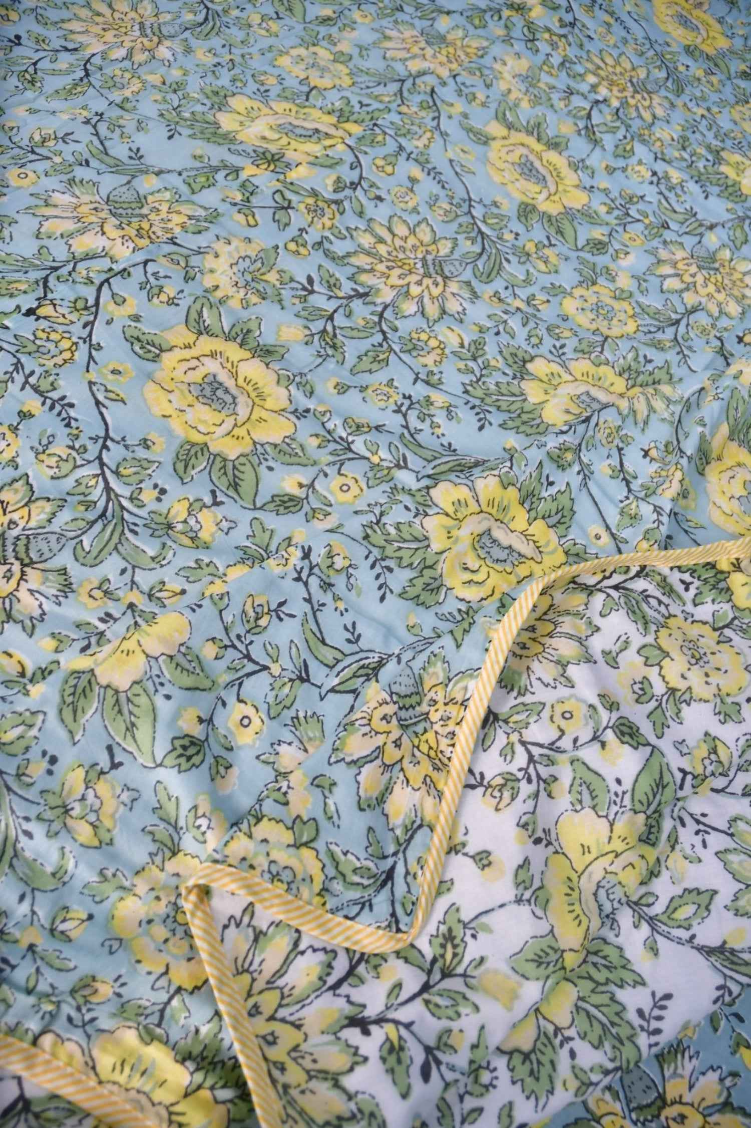 Blue n yellow floral Mul Mul Reversible Dohar