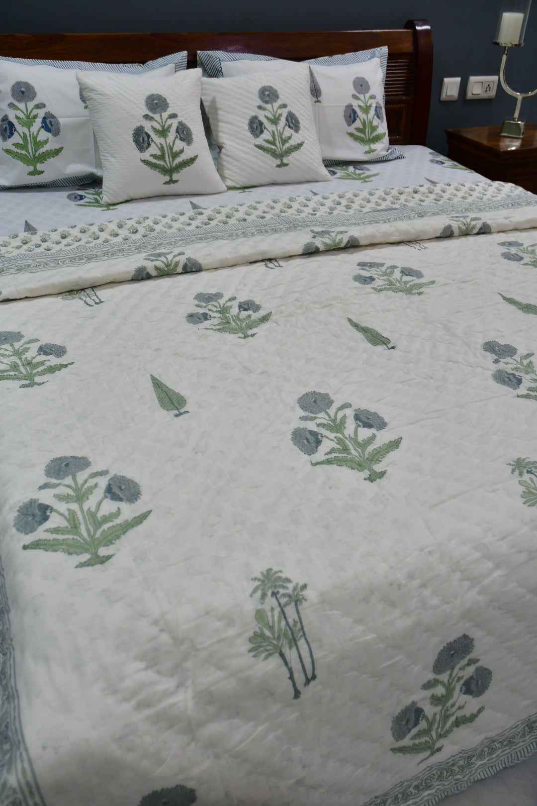Blue Grey Poppy Handblock Reversible Quilt | Soft Cotton Jaipuri Bedding