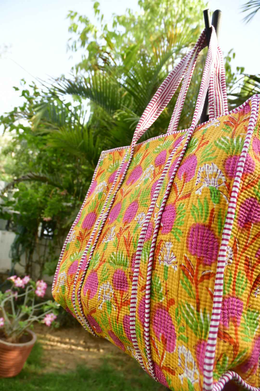 Yellow Blossoms Zipper Tote Bag: Hand-Blocked Beauty