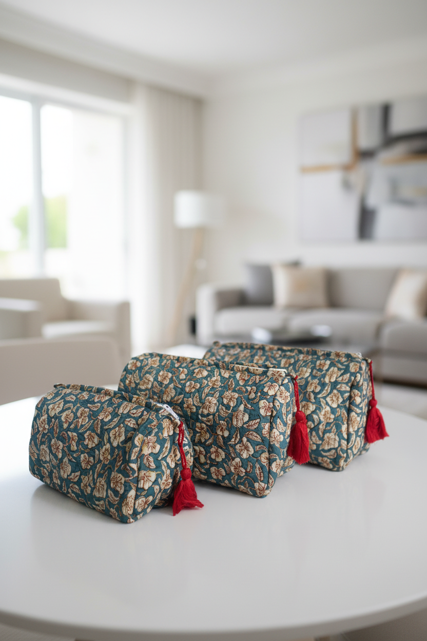 Set of three floral-patterned pouches with red accents on a white background