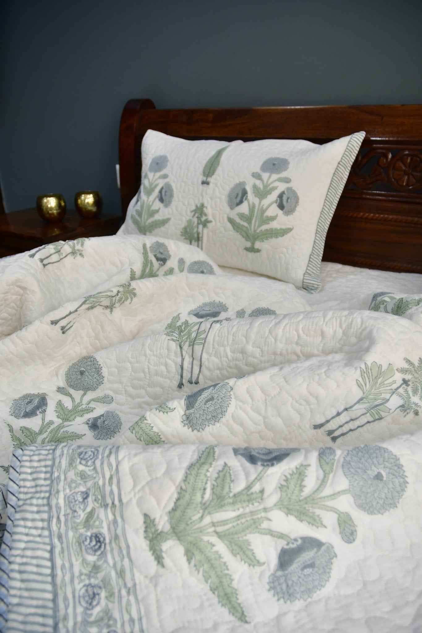 Blue Grey Poppy Quilted Bedcover : Aesthetically Modern