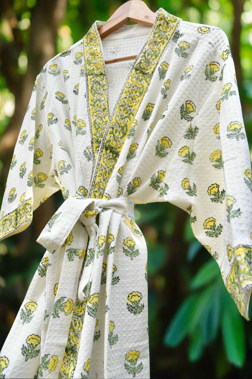 Yellow Buti HandBlock Waffle Cotton Bathrobe