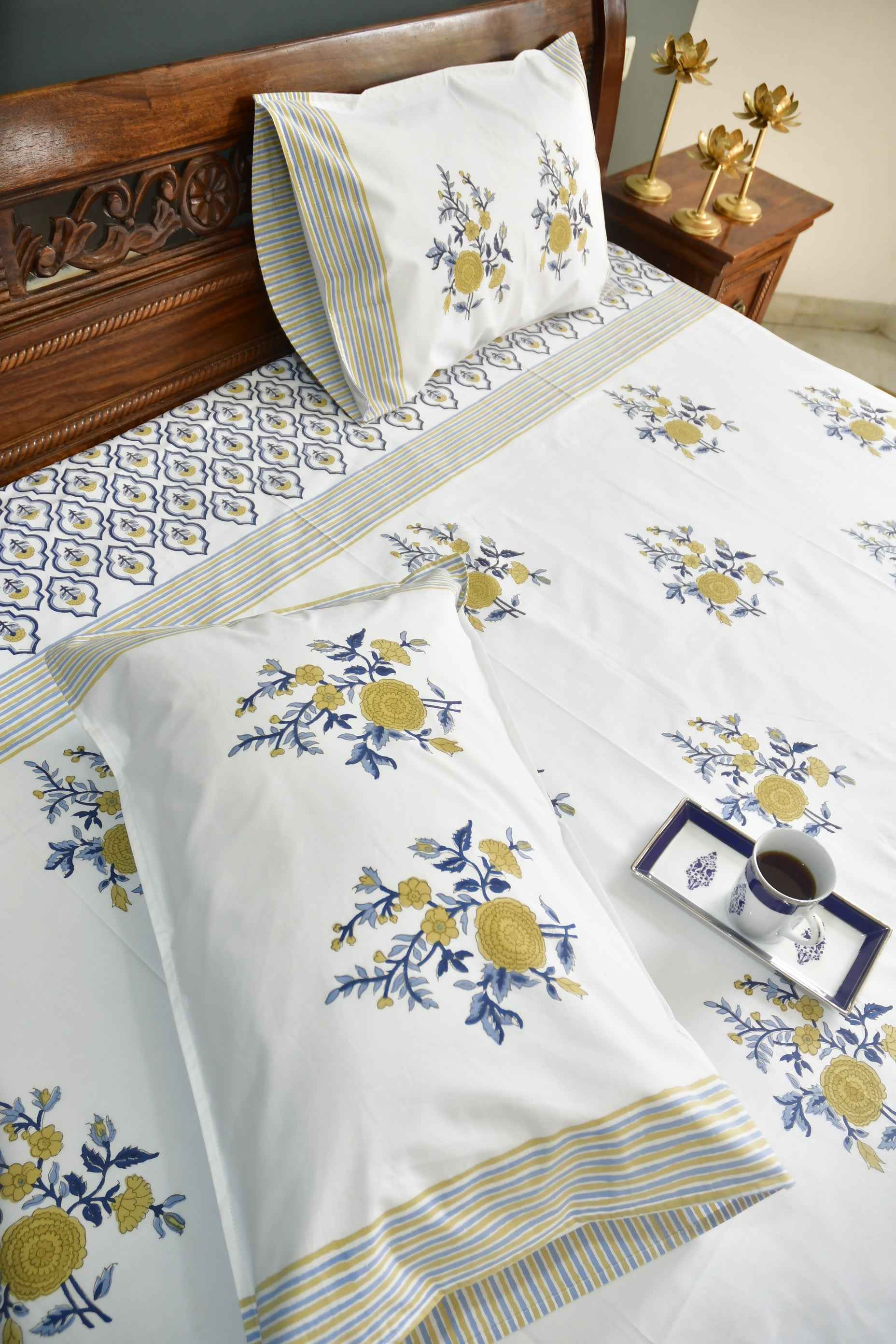 Royal Blue yellow Buta Bedsheet : Regal elegance
